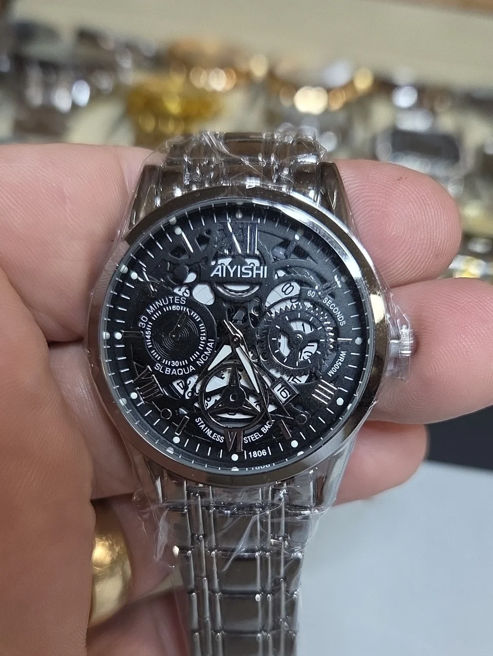 AIYISHI Men's Stainless Steel Skeleton Dial Watch - Black
